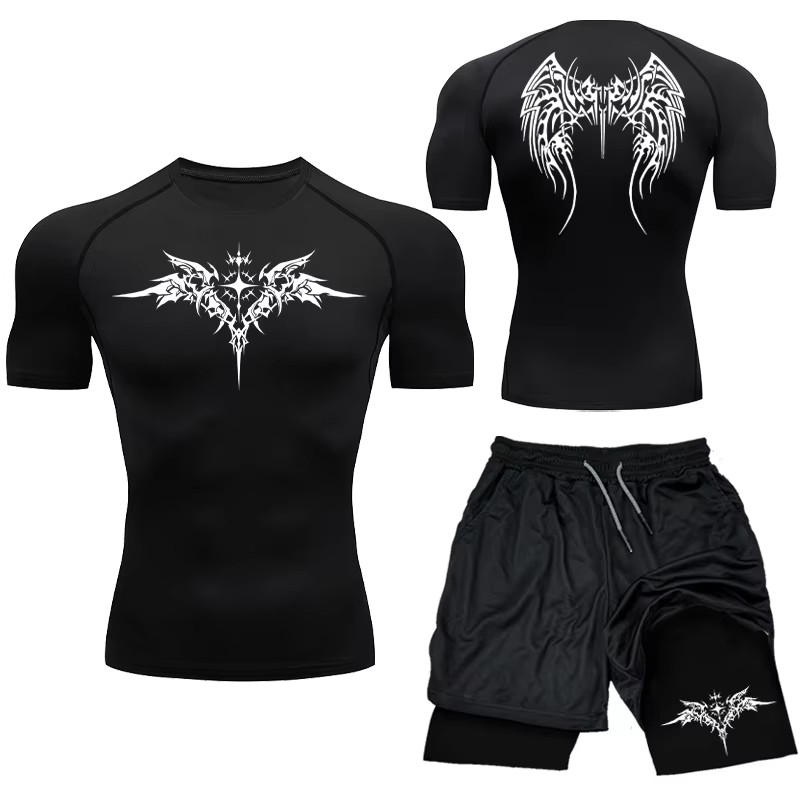 Black 2 Piece Compression Sportswear Set with Torso Print FitFints