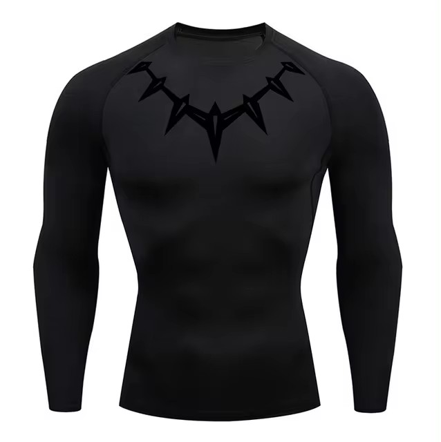 Black Panther Neck Printed Black Compression Shirt Long Sleeve