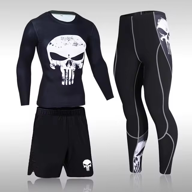 Punisher 3'lü Compression Spor Kıyafet Takımı Gövde Baskılı