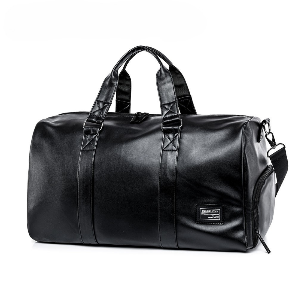 Large Sports Fitness Bag with Shoe Pocket for Men, Black Soft Leather Gym Handbag