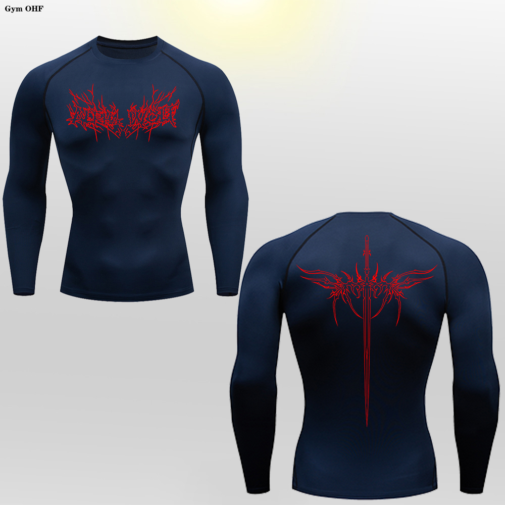 Alpha Wolf Design Navy Blue, Red Printed Compression Shirt | Short & Long Sleeve For Men