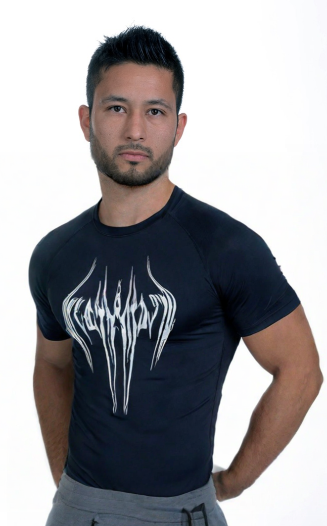 Navy Compression Shirt with White Text Print on Torso FitFints