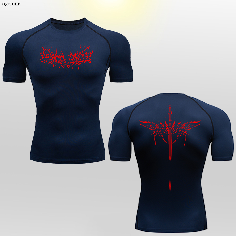 Alpha Wolf Design Navy Blue, Red Printed Compression Shirt | Short & Long Sleeve For Men