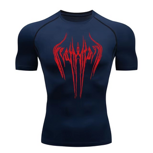 Navy Blue Red Text Print on the Body Compression Shirt FitFints