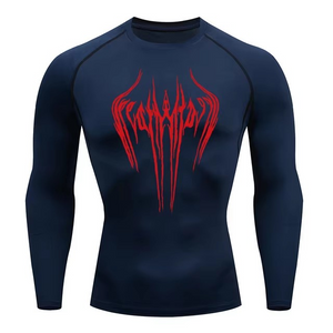 Navy Blue Red Text Print on the Body Compression Shirt FitFints