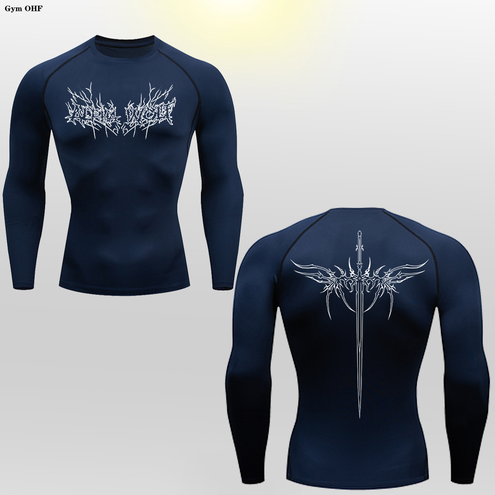 Alpha Wolf Design Navy Blue Compression Shirt | Short & Long Sleeve For Men