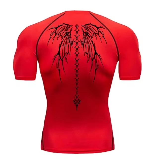 Skeleton Wings Back Print Red Compression Shirt Short Sleeve for Men FitFints