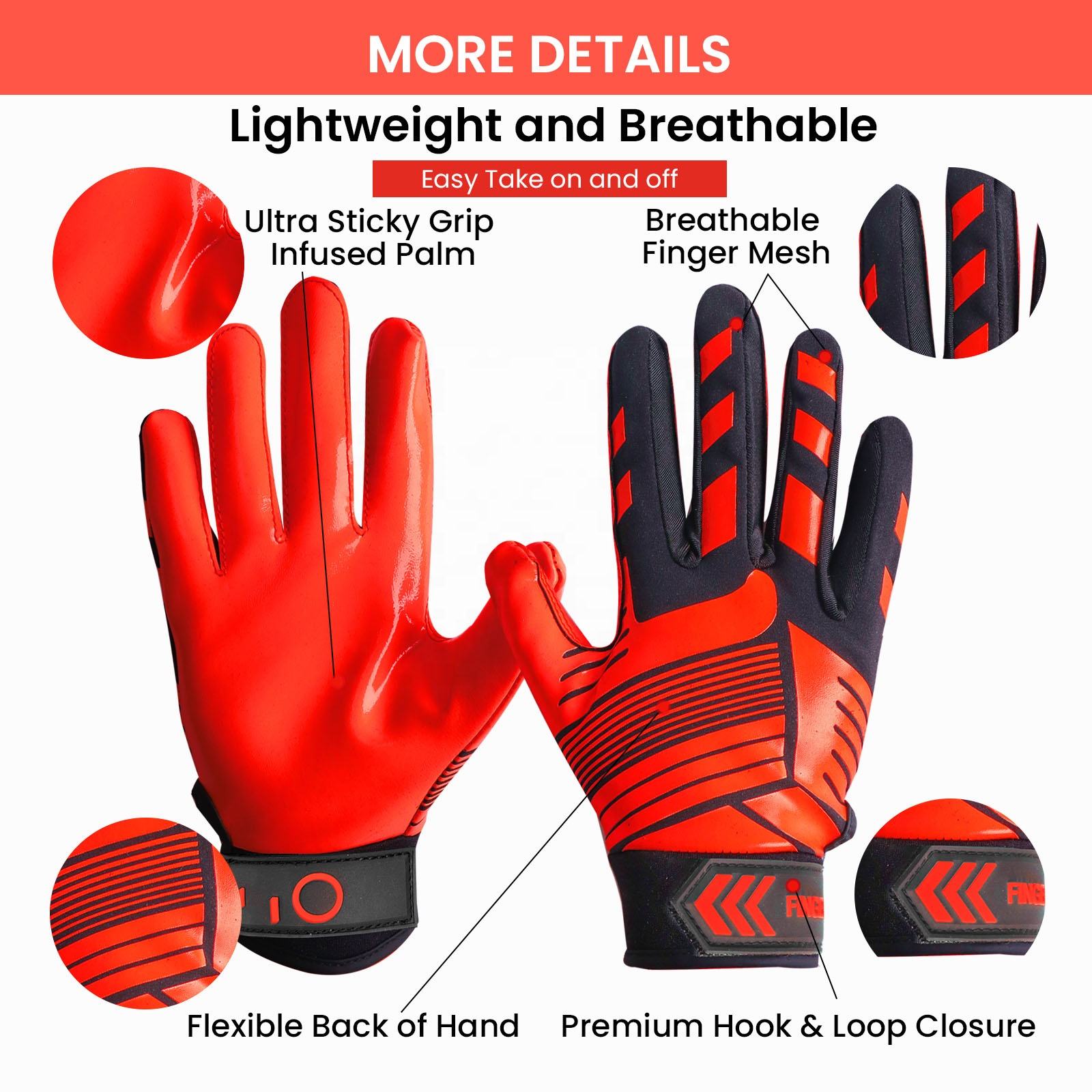 Red Black American Football Gloves - Non-Slip Grip & Durable